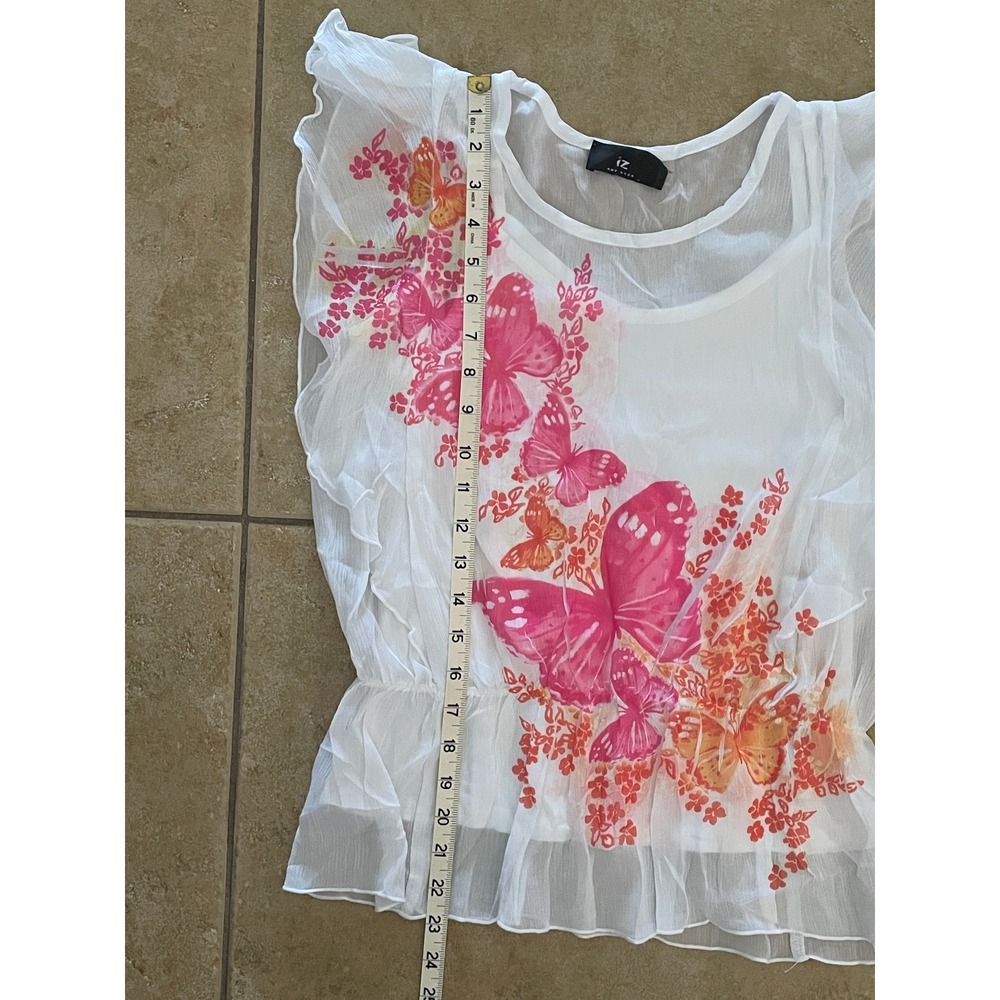 iZ Amy Byer Butterfly Floral Sheer Ruffle Blouse Top White Pink Orange Size XL - Picture 8 of 8